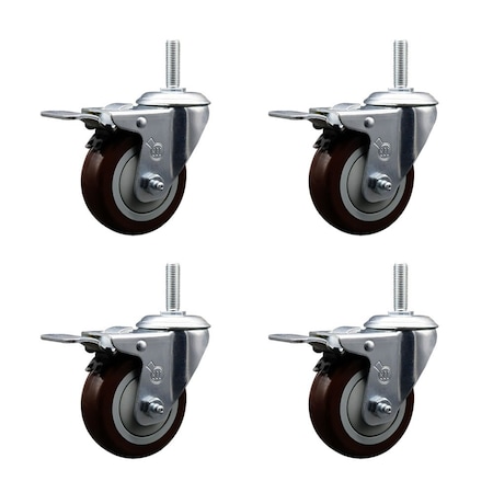 Service Caster 4 Inch Maroon Polyurethane Swivel 58 Inch Threaded Stem Caster Set with Total Lock Brake SCC-TSTTL20S414-PPUB-MRN-58212-4